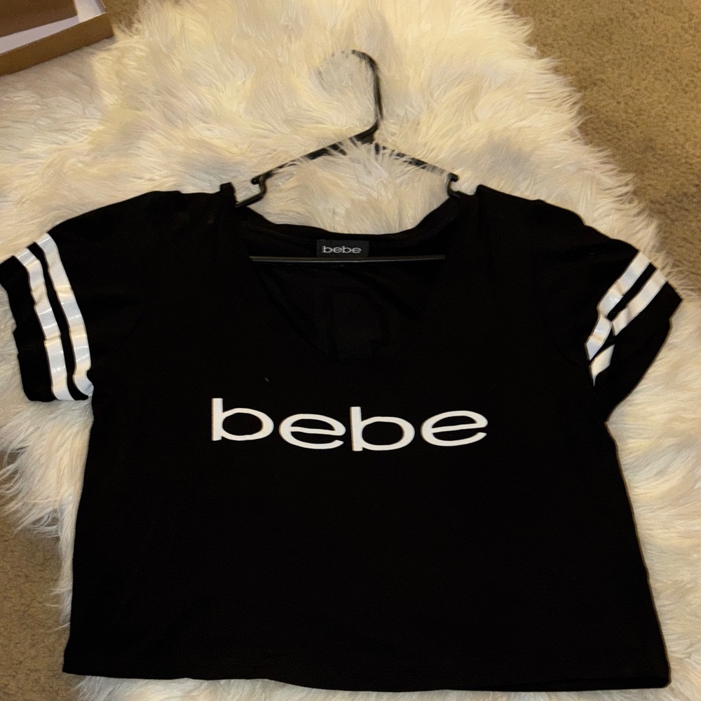 Bebe Black Crop Top with White Stripes